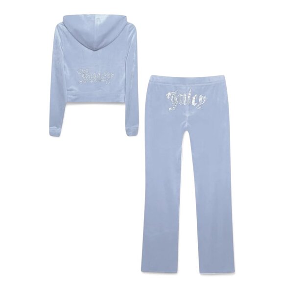 JUICY COUTURE BLING Velour 2 Piece TRACKSUIT Pants + Hoodie Set Frosted Blue NWT - Picture 13 of 16
